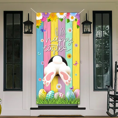 Miniatura 6 de Cubierta de puerta de Pascua, decoración de conejo, huevo y conejo, decoración de margaritas, pancarta de puerta, decoración de granja