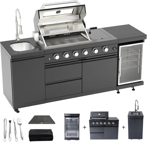 Miniatura 13 de Isla de cocina al aire libre de 153 pulgadas, combinación de parrilla de gas propano de 96000 BTU con refrigerador y fregadero, gabinete de cajón