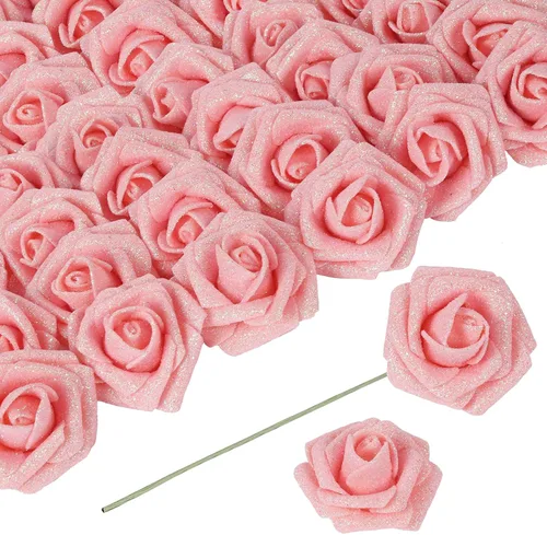 Miniatura 17 de Flores negras con purpurina, 30 unidades, flores artificiales con purpurina, rosas de espuma con tallo, flores sintéticas para bricolaje, ramo