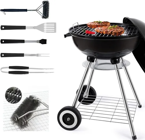 Parrilla de carbón portátil de 22 pulgadas con accesorios 5 piezas de utensilios para parrilla para cocinar al aire libre, camping, barbacoa,