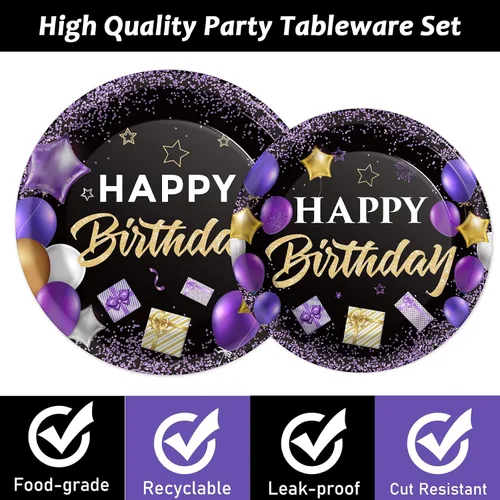 Miniatura 3 de Wiooffen 96 piezas de juego de vajilla para fiesta de cumpleaños morado - Juego de platos, servilletas y vajilla morados y negros, suministros