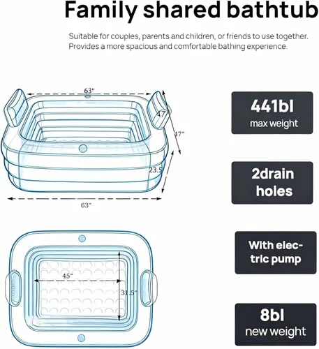 Miniatura 3 de Bañera inflable doble para 2 adultos – Tina inflable portátil de PVC de 3 capas resistente con bomba de aire eléctrica, bañera de hidromasaje