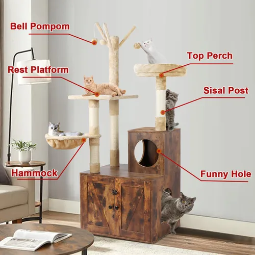 Miniatura 2 de Timberer Árbol para gatos con torre y caja de arena, refugio para gatos de madera 2-en-1 con poste de rascar de sisal, hamaca, marrón