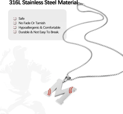 Miniatura 4 de Collar con inicial de béisbol para niños y hombres, collares de letra A-Z, cadena de acero inoxidable con accesorios, dije deportivo, regalo