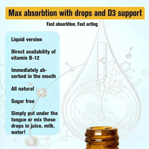 Miniatura 4 de Gotas líquidas de vitamina B12 sublinguales de 10,000 mcg, fórmula única con D3, B9 (ácido fólico), calcio, energía de apoyo, corazón, estado
