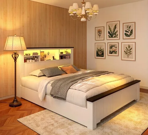 Miniatura 9 de EnHomee Base de cama King y cabecero, marco de cama tamaño King con 4 cajones de almacenamiento, cama King con luces LED y puertos de carga,