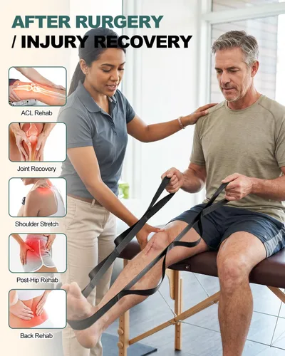 Miniatura 4 de Correa Trideer para estiramiento y yoga, correa de terapia física para entrenamiento en casa, ejercicio, pilates y gimnasia, 10 bucles, bandas Negro