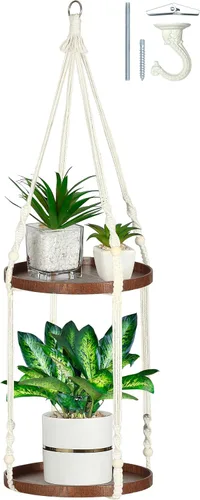 Colgador de macramé de 2 niveles | Colgador de plantas para interiores, maceta colgante | Estante para macetas colgantes (beige) (grande, estante de