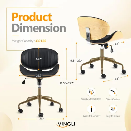 Miniatura 2 de VINGLI Silla giratoria de oficina en casa amplia y cómoda con carcasa curvada de grano de madera, silla de escritorio ergonómica acolchada sin negro