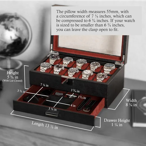 Miniatura 32 de ROTHWELL Caja de reloj de cuero de 10 ranuras con cajón de valet, organizador de exhibición de lujo con forro de microgamuza ultrasuave, soporte