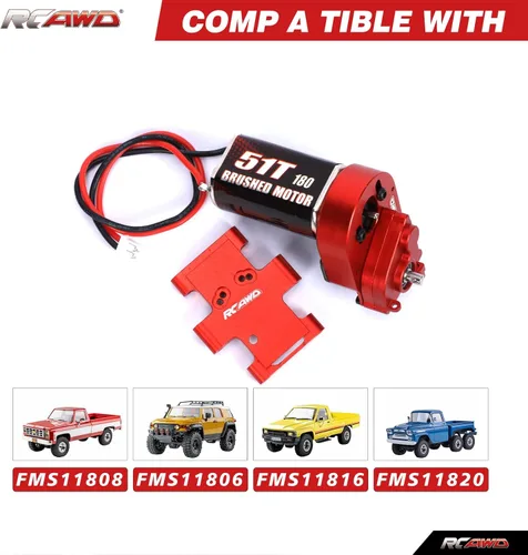 Miniatura 3 de RCAWD Transmisión de motor cepillado 180 montada 51T para 1/18 FMS EAZYRC ROC Hobby Crawlers Actualización Piezas Rojo