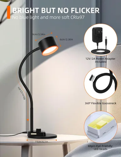 Miniatura 5 de LiFMIRA Lámpara de Escritorio, Lámpara de Escritorio LED con Puertos de Carga USB C + A, Lámpara de Lectura de Cuidado Visual Completamente