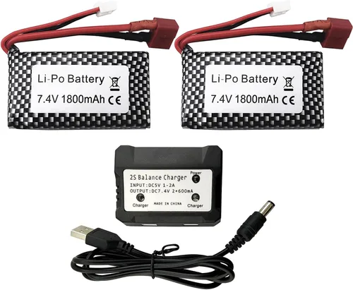 Batería de litio de alta velocidad con cabezal en T de 7.4 V 1800 mAh con cargador 2 en 1 para WLTOYS A959-B A969-B A979-B K929-B 144001 RC batería