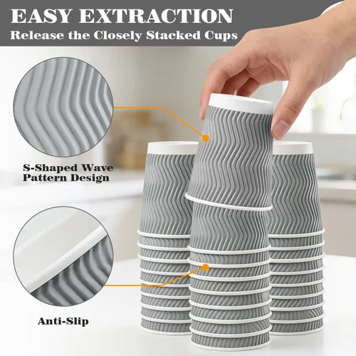 Miniatura 5 de Ginkgo Paquete de 100 tazas de café aisladas desechables de 8 onzas con tapas, vasos de viaje de papel ondulados de doble pared para bebidas