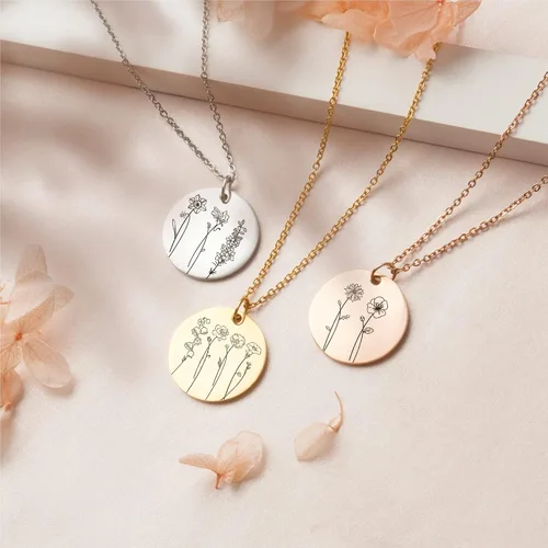 Miniatura 6 de Anavia Collar con múltiples flores del mes de nacimiento, conexión de familiares y amigos, collar de moneda floral grabado personalizado, regalo