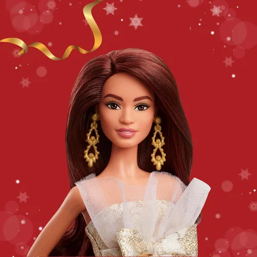 Miniatura 2 de Barbie Signature 2025 Muñeca de festividades de cabello castaño oscuro, con vestido plateado y dorado, coleccionable de temporada en embalaje