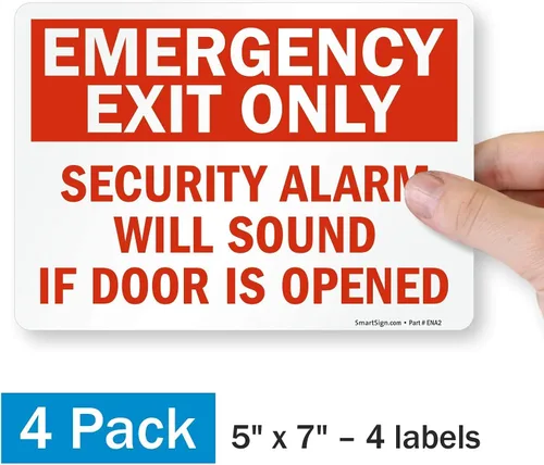 Miniatura 3 de SmartSign Paquete de 4 etiquetas adhesivas de 5 x 7 pulgadas con texto en inglés "Solo salida de emergencia, alarma de seguridad sonará si la puerta