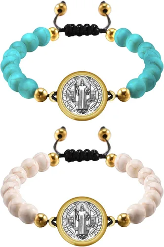 2 pulseras de cuerda de medalla de San Benito católico de aleación de 2 colores, pulsera de rosario en cordón ajustable, pulsera de chakra curativo