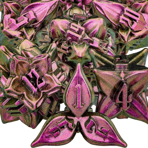 Miniatura 12 de ARUOHHA juego de dados de metal DND diseño de hoja púrpura, juego de dados poliédricos con caja, 7 piezas de dados D y D para juegos de rol RPG D20