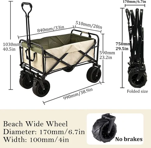 Miniatura 7 de Bgarden - Carritos plegables para exteriores, con marco de acero, plegable, con bolsillos laterales, rueda de playa Beige