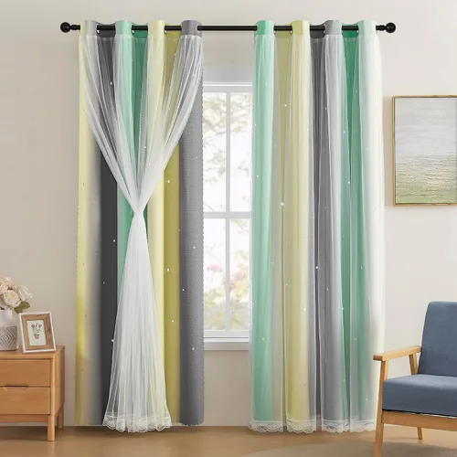 Miniatura 29 de XiDi Cortinas opacas con estrellas para habitaciones de niños, cortinas verdes para ventana de dormitorio de niños, azul y gris, 52 pulgadas de Azul