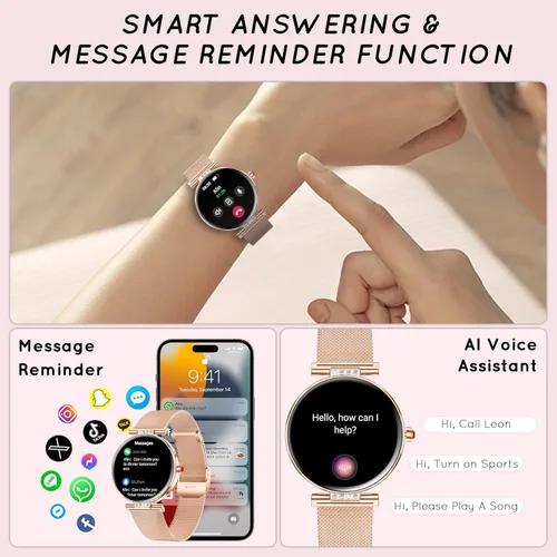 Miniatura 5 de AMOLED - Reloj inteligente para mujer con pantalla pequeña de 1.19 pulgadas para teléfonos iPhone / Android con llamada Bluetooth, frecuencia 1-Oro