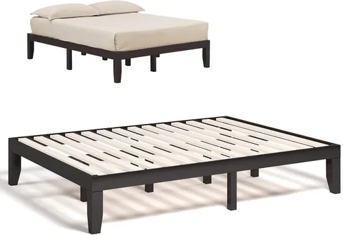 Miniatura 16 de COSTWAY Base de cama de plataforma de tamaño individual, base de colchón de madera de goma maciza de 14 pulgadas con soporte de listones