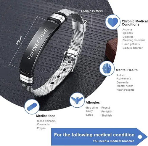 Miniatura 123 de OPALSTOCK Pulseras médicas personalizadas de silicona ajustable para identificación de emergencias, grabado gratuito, 9 pulgadas, resistente al