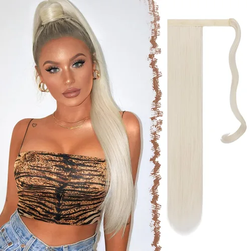 Miniatura 10 de FESHFEN Extensiones de cola de caballo largas y rectas, extensiones de cola de caballo sintéticas para mujer, color negro natural, 24 pulgadas
