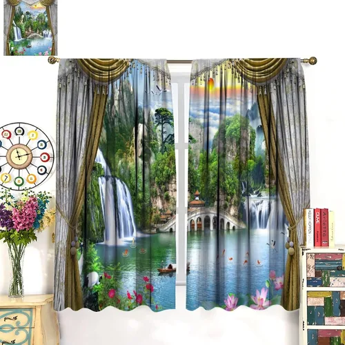 Miniatura 3 de Cortinas de ventana de cascada 3D, paisaje natural, cascada junto al lago, estampado de bosques verdes, decoración del hogar, dormitorio, sala