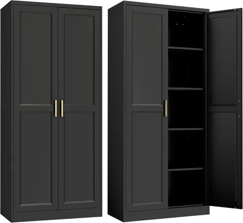 SteeLoong - Armario de despensa de cocina, armario de almacenamiento de metal negro de 71" con puertas y 4 estantes ajustables, gabinete de cocina