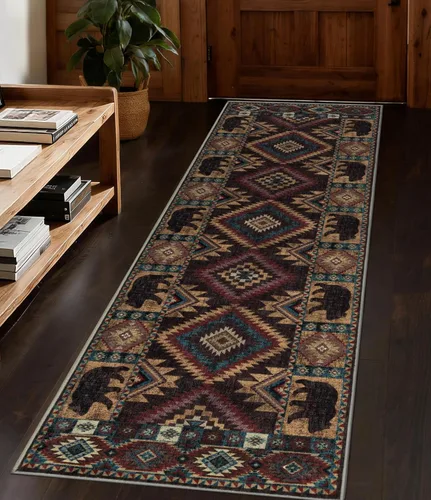 Miniatura 37 de Alfombra de pasillo de 2 x 6 pulgadas para interior - Alfombra de entrada rústica de cabaña con diseño de oso, antideslizante, de pelo bajo