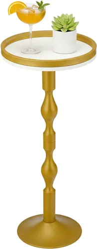 Miniatura 10 de Mesa auxiliar redonda pequeña, mesa de bebidas con base pesada, mesa auxiliar de pedestal industrial de metal y madera con bandeja superior, mesa