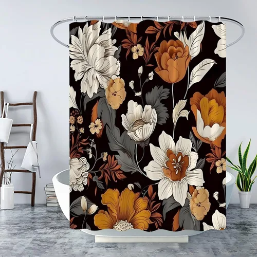 Cortina de ducha con diseño floral, estilo bohemio, vintage, colorido, botánico, de mediados de siglo, moderna, estética, retro, tela con gancho