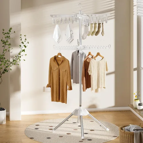 Miniatura 7 de Abiglifty Estante de secado de ropa giratorio y plegable, ahorro de espacio, para secar ropa en interiores, balcón, 2 capas