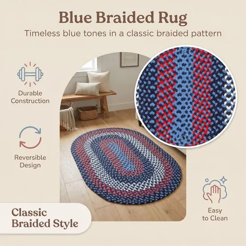 Miniatura 7 de Super Area Rugs Alfombra trenzada azul de 7 x 9 pulgadas, alfombra tejida ovalada para sala de estar, alfombra trenzada de granja, alfombra