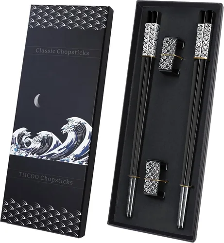 Palillos de Metal Reutilizables 2 Pares de Palillos de Acero Inoxidable 18/8 Chapados en Titanio con Soporte, Aptos para Lavavajillas, Ligeros, Negro