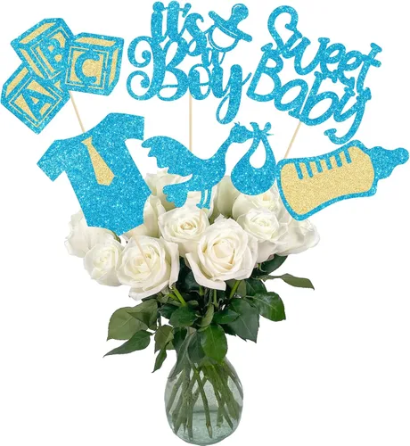 Gyufise 12 piezas varillas para centro de mesa de baby shower con purpurina, atadura de un solo uso, corazón de amor, oh bebé, revelación de género,