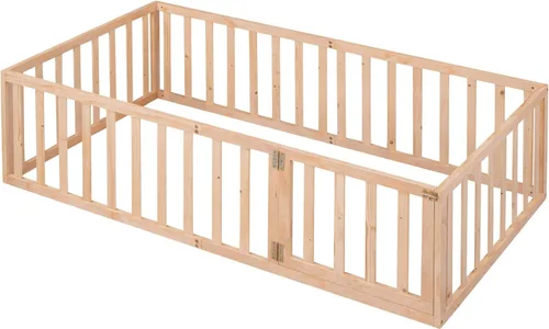 Miniatura 16 de Harper & Bright Designs Cama Montessori doble con valla y puertas, marco de cama de piso para espacios pequeños, sin rejas, gris