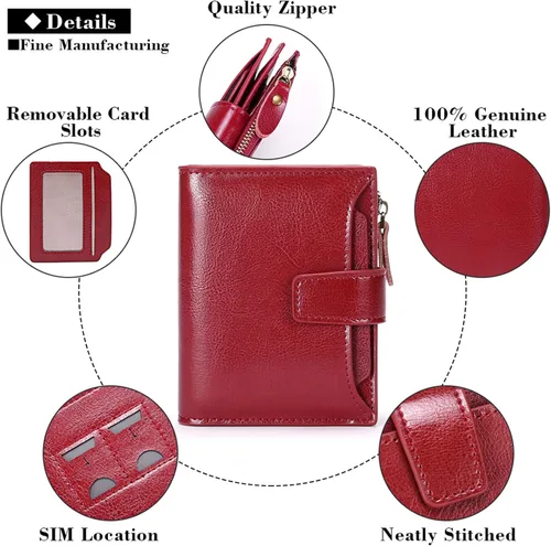Miniatura 5 de FALAN MULE - Cartera de cuero auténtico para mujer, pequeña, plegable y compacta, con bloqueo de interferencia de radiofrecuencia (RFID)