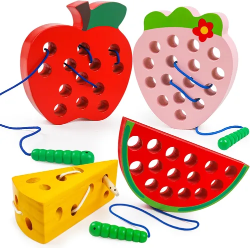 Miniatura 9 de Juguetes de cordones para niños pequeños, juguetes de viaje para bebés de madera con roscado de manzana, educación Montessori, aprendizaje