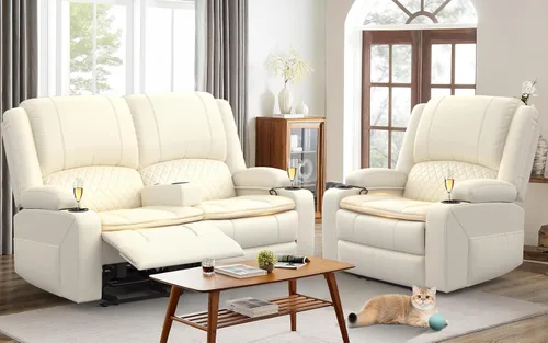 Miniatura 23 de Yolsali Juego de sofá biplaza con 2 capas de cojín para sala de estar, 2+1 pieza, sofá doble reclinable de 2 plazas, de cuero con consola extraíble