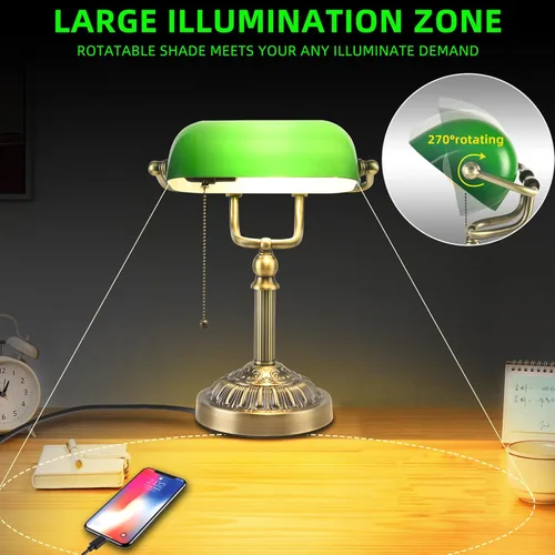 Miniatura 3 de Bankers - Lámpara de escritorio con puerto de carga USB-A, lámparas de escritorio vintage con cadena de tracción de vidrio verde, lámpara