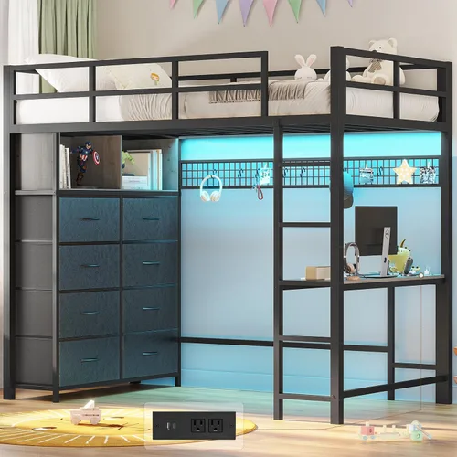 ADORNEVE Cama tipo loft de tamaño individual con escritorio y 8 cajones de almacenamiento, cama alta de metal individual con luces LED y estación de
