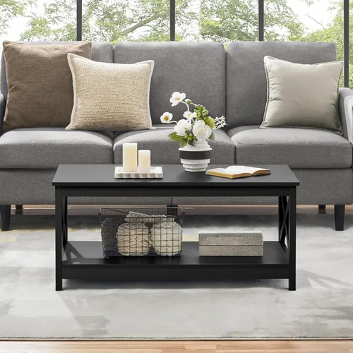 Miniatura 3 de Yaheetech Mesa de centro negra de madera de 2 niveles con estante de almacenamiento para sala de estar, mesa de cóctel con diseño en X, muebles