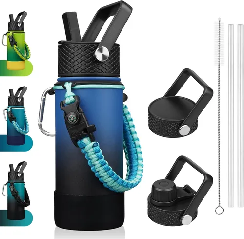 Miniatura 15 de BJPKPK - Botella de agua con tapa de popote, botellas de agua aisladas de 18 onzas con 3 tapas, asa de cuerda de paracaídas y base antideslizante