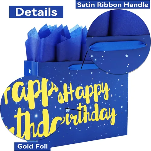 Miniatura 4 de Qirrmiy Juego de bolsa de regalo azul grande de 13 pulgadas con tarjeta de felicitación y papel de seda (estrellas y lámina dorada, feliz (L)Azul