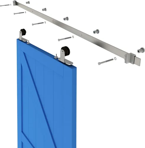 Miniatura 6 de JUBEST Kit de herrajes para puerta corrediza de granero de níquel satinado, kit de riel plano de una sola puerta, rodillo montado en la parte