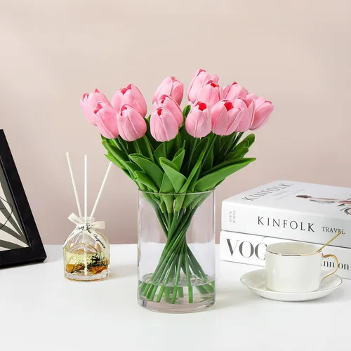 Miniatura 2 de 20 piezas de tulipanes de tacto real en jarrón, arreglos de tulipanes falsos con jarrón y agua falsa para decoración del hogar, mesa de comedor Rosa
