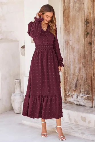 Miniatura 4 de MASCOMODA Vestido largo para mujer, manga larga, cuello en V, lunares suizos, bohemio, fruncido, cintura alta, acampanado, con escalonados, vestidos